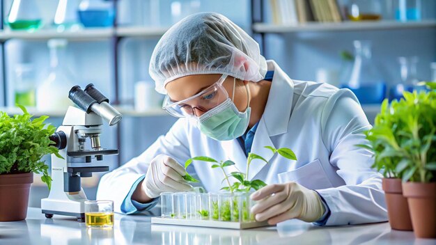 Photo a scientist in a lab coat is using a microscope