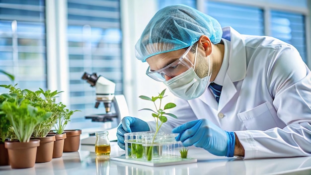 a scientist in a lab coat is using a microscope