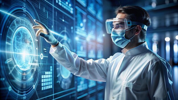 Photo scientist in a lab coat pointing to a screen with a blue background with a blue screen behind him