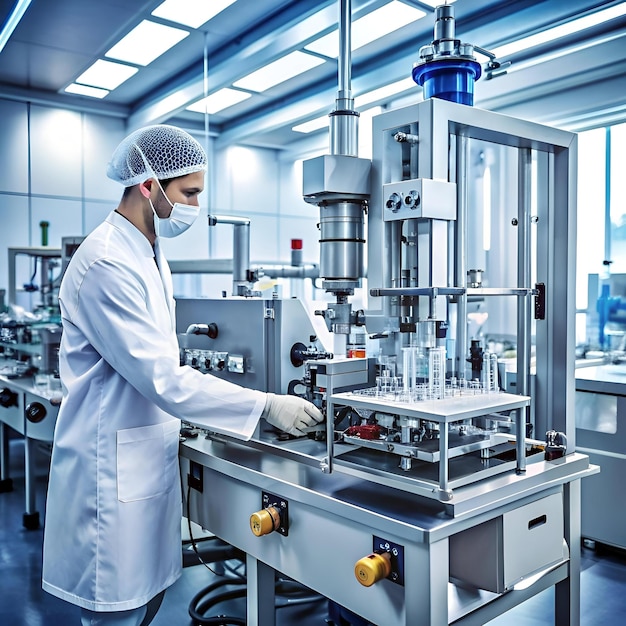 A scientist in a lab coat and protective mask operates a complex piece of machinery filling small vials with liquid