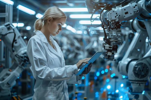 Scientist in lab coat using digital device in manufacturing plant