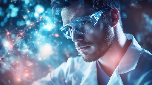 Photo scientist in lab coat with goggles and abstract background