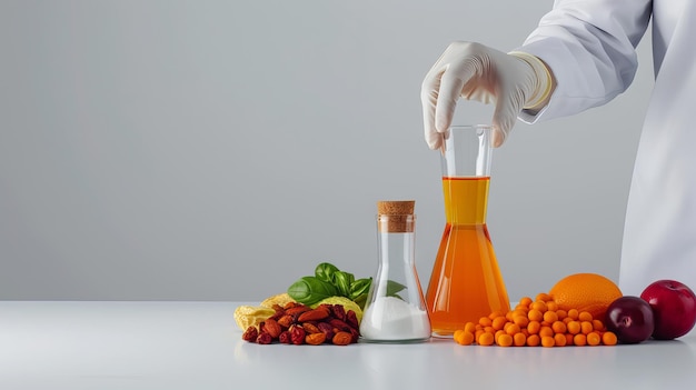 Photo scientist in lab coat working with natural ingredients and chemicals in flasks representing the intersection of food and science