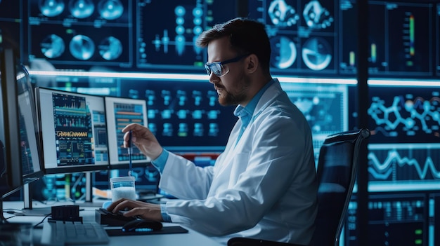 A scientist in a lab coat works on a computer surrounded by monitors displaying data and charts