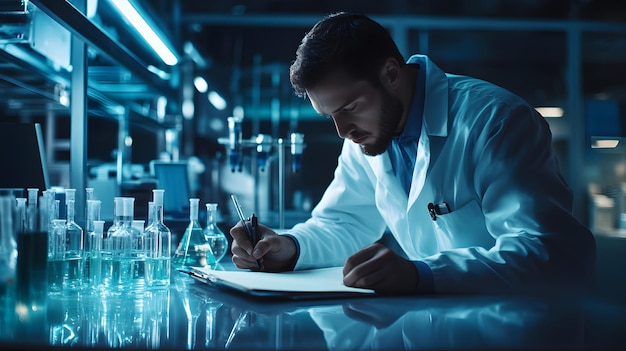 A Scientist in a Lab Coat Writing Notes at a Table with Beaker Vessels