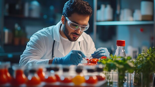 Photo scientist in a lab examining a tomato realistic photo