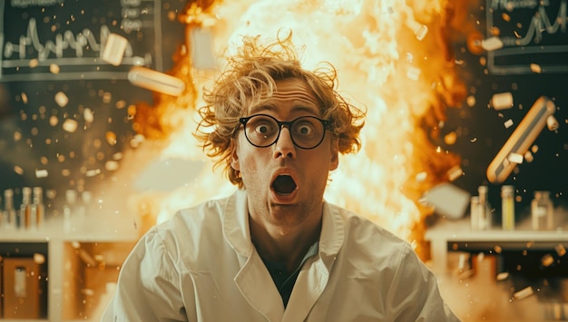 Photo a scientist in a lab explosion