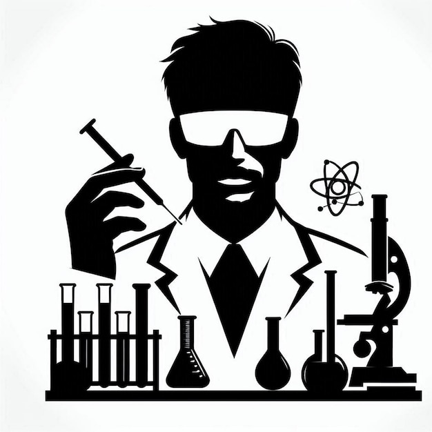 Scientist in Lab Logo Icon Silhouette Vector on White Background