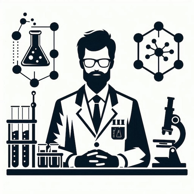 Scientist in Lab Logo Icon Silhouette Vector on White Background