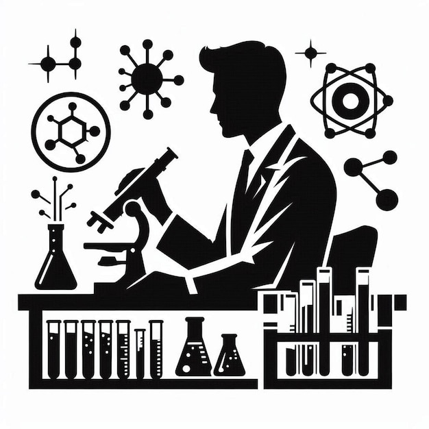 Scientist in Lab Logo Icon Silhouette Vector on White Background