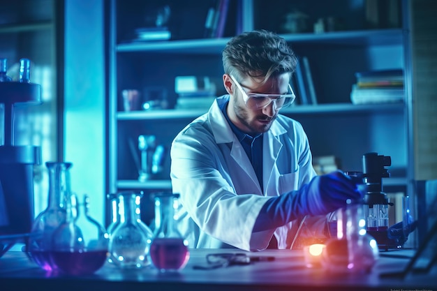 A scientist in a lab wearing goggles and gloves works with a test tube.