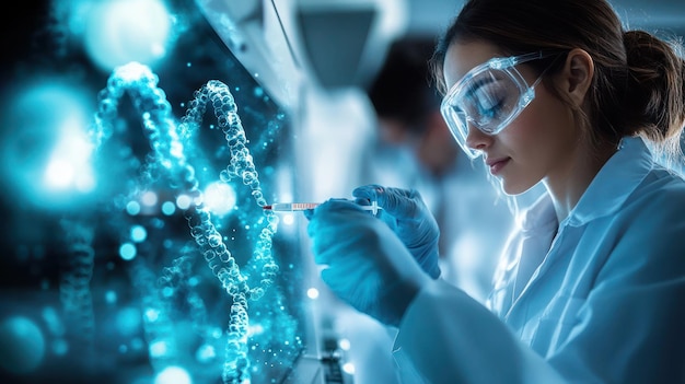 a scientist in a lab with a blue background