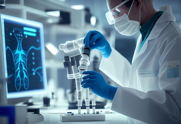 Photo scientist in a lab with a blue lab coat and a blue cap holding a test tube.