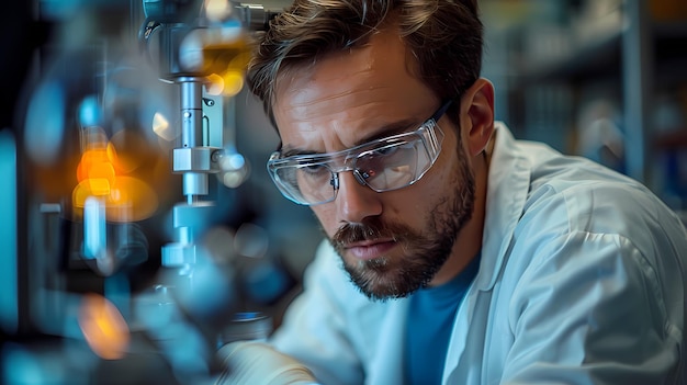 a scientist in a lab with a blue shirt and glasses