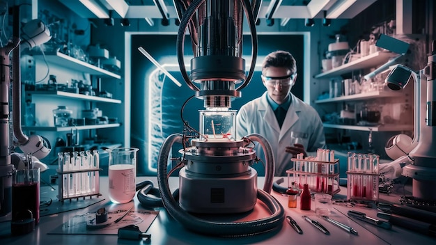 a scientist in a lab with a bottle of liquid in front of him