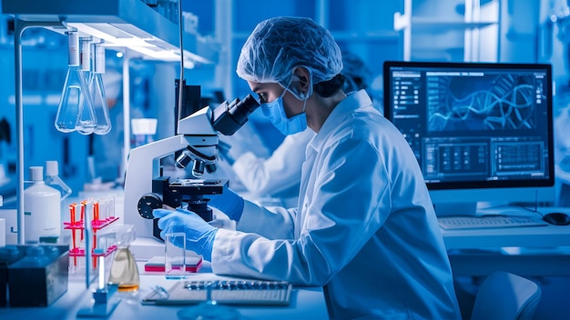 Photo a scientist in a lab with a microscope in the background