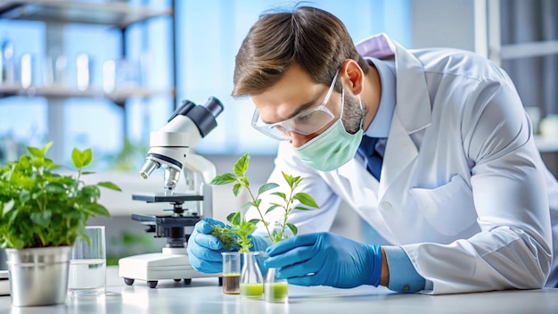 scientist in a lab with a plant in the background