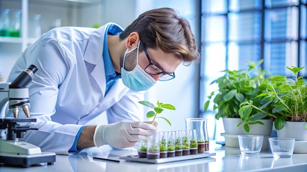 Photo a scientist in a lab with a plant in the background