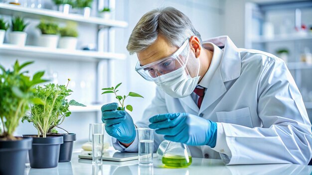 scientist in a lab with a plant in the background