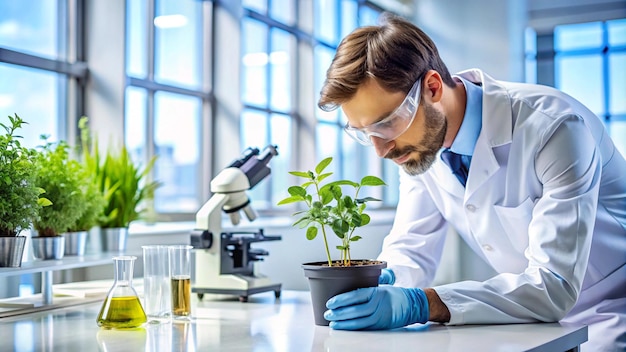 Photo a scientist in a lab with a plant in the background