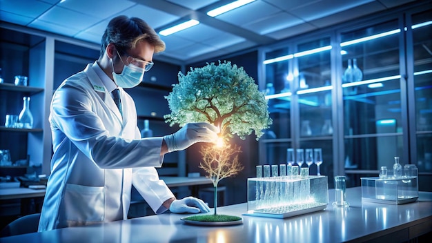 a scientist in a lab with a plant in the foreground