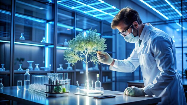 Photo a scientist in a lab with a plant in the foreground