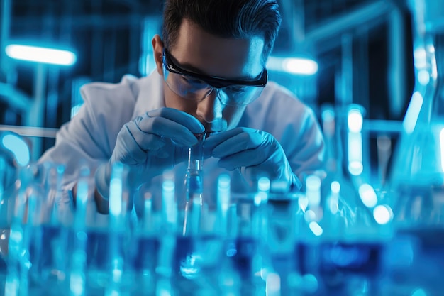 Scientist in laboratory analyzing blue substance in beaker conducting medical research for pharmaceutical discovery biotechnology development in healthcare science and chemistry concept