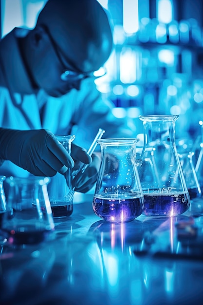 Scientist in laboratory analyzing blue substance in beaker conducting medical research for pharmaceutical discovery biotechnology development in healthcare science and chemistry concept