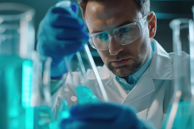 Scientist in laboratory analyzing blue substance in beaker conducting medical research for pharmaceutical discovery biotechnology development in healthcare science and chemistry concept