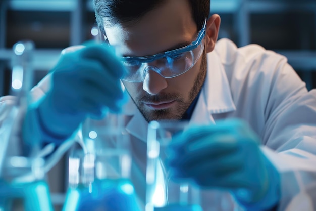 Scientist in laboratory analyzing blue substance in beaker conducting medical research for pharmaceutical discovery biotechnology development in healthcare science and chemistry concept