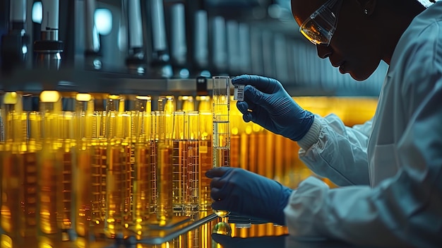 A scientist in a laboratory carefully measuring the contents of a test tube their precision and a