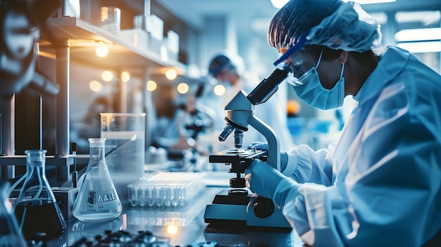 a scientist looking through a microscope in a laboratory