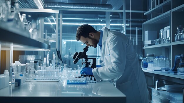 a scientist looking through a microscope in a laboratory