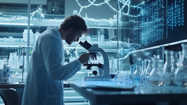 a scientist looking through a microscope in a laboratory