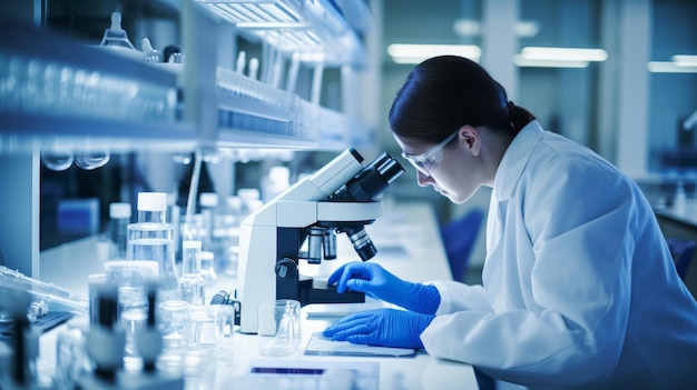 a scientist looking through a microscope in a laboratory