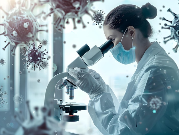 a scientist looking through a microscope with a blue background with snowflakes