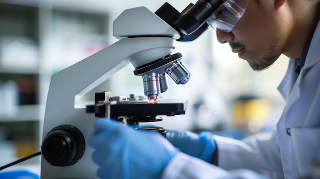 a scientist looking through a microscope with a blue lab coat on