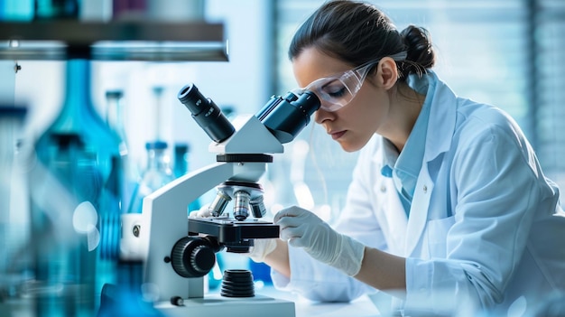 a scientist looking through a microscope with a microscope in the background