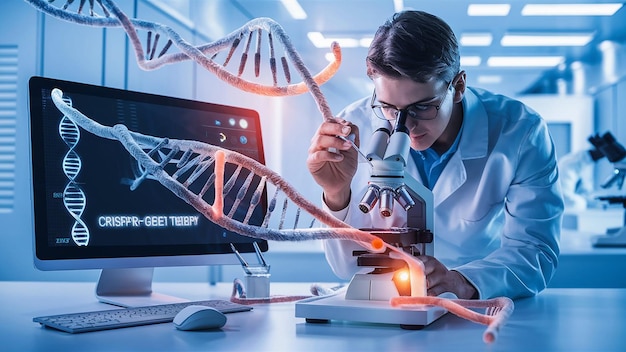 a scientist looking through a microscope with a microscope in the background