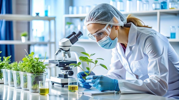 a scientist looking through a microscope with a plant in it