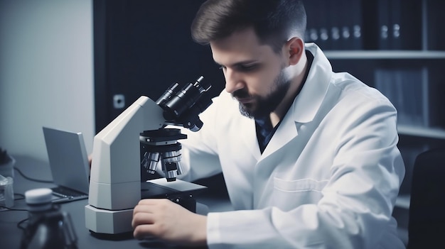 A scientist looking through a microscope