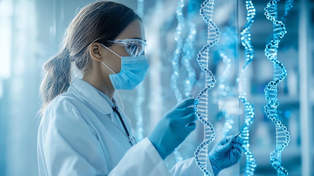 Photo a scientist looking through a window with a blue background