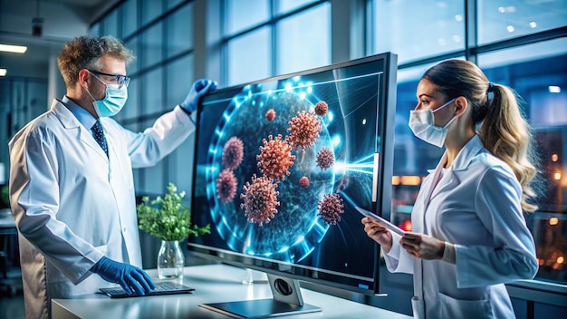 a scientist looks at a monitor with a virus in the background