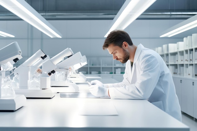 scientist at a microscope in a clean and minimalistic laboratory focused on the research