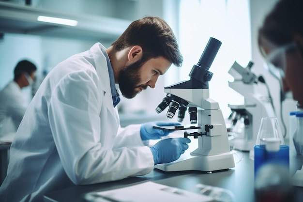 Photo a scientist peering through a microscope discovering new frontiers in biology