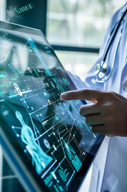 Scientist Pointing at Tablet in Lab Coat