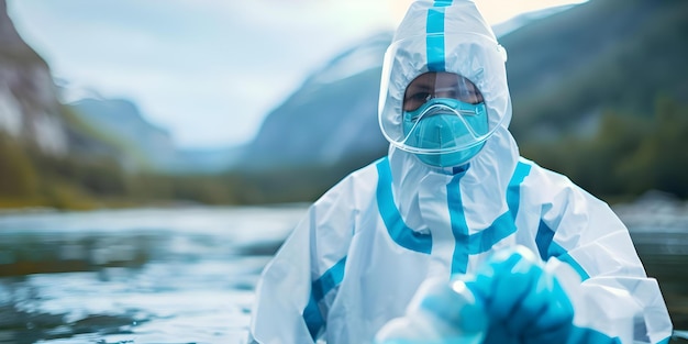 Photo scientist in protective gear conducting river water sampling for environmental research concept environmental research river water sampling scientist in protective gear