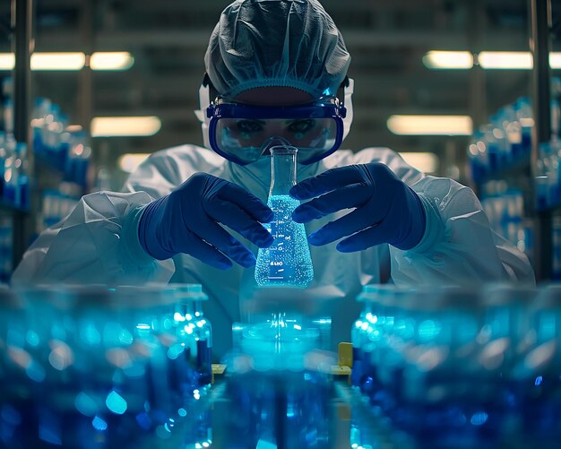 Photo scientist in protective gear handling flask with glowing blue liquid in laboratory