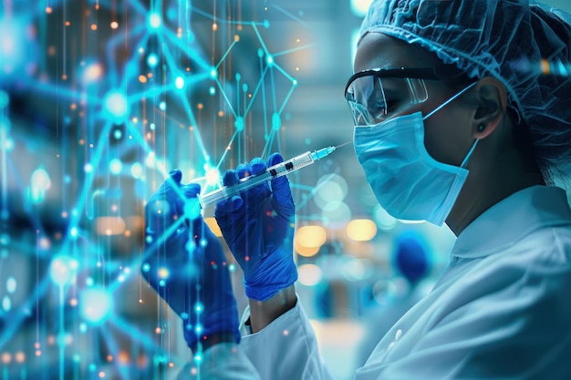 A scientist in protective gear holding a syringe filled with blue liquid