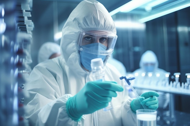 Scientist in protective suit holding test tube with sample in laboratory